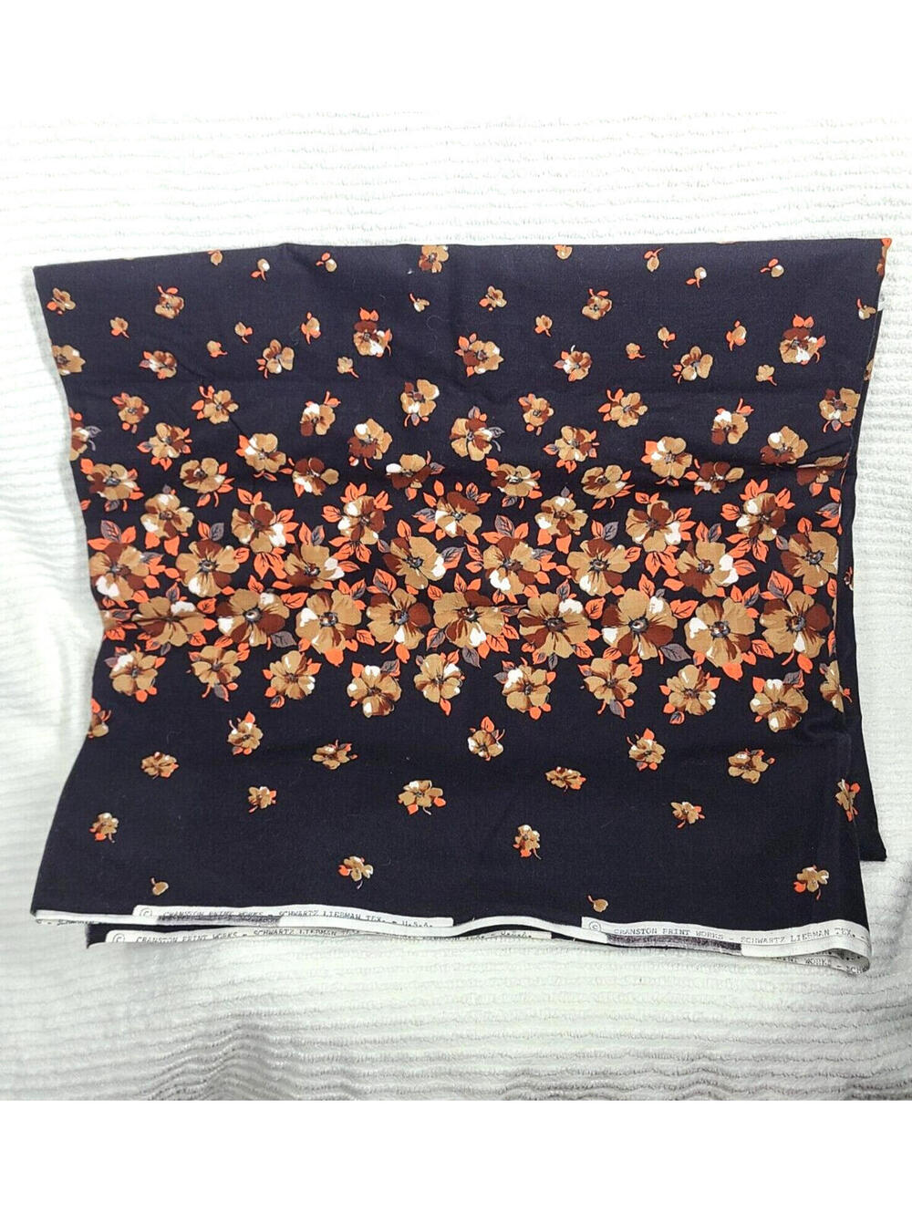 Vtg 50s Border Print Fabric 3 1/2 Yard Cotton Black Orange Floral Cranston Dress